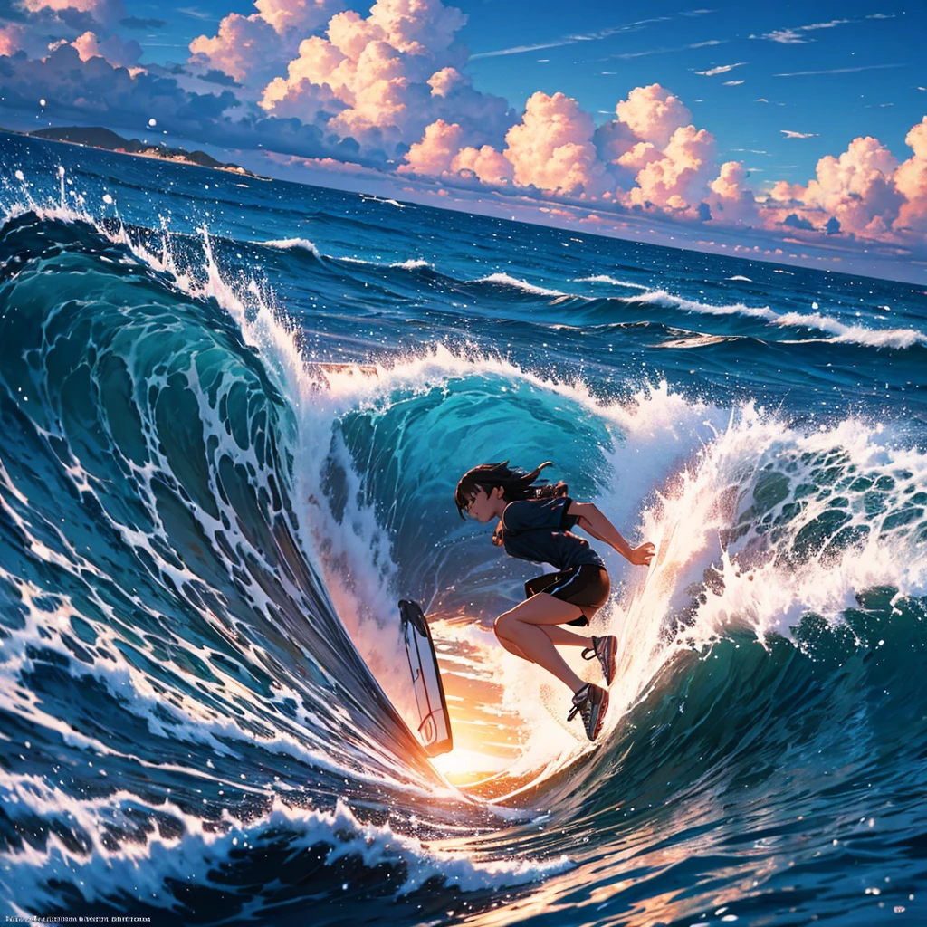 Masterpiece, best quality, ultra detailed,8k,WQHD,4k wallpaper, Makoto Shinkai, surfing,