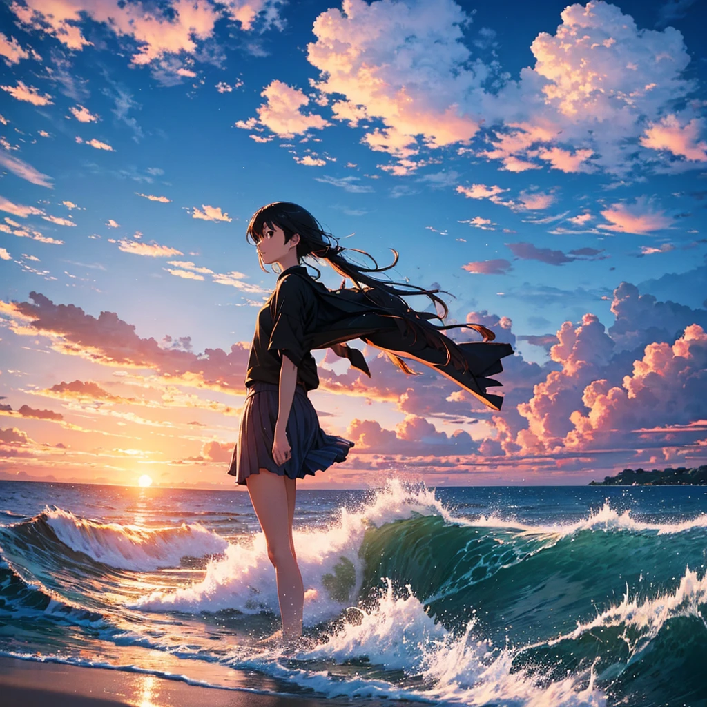 Masterpiece, best quality, ultra detailed,8k,WQHD,4k wallpaper, Makoto Shinkai, surfing,