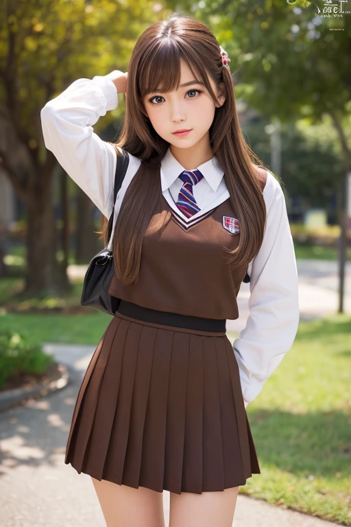 1girl, solo, brown_hair, photoshop_(medium), brown_eyes, school_uniform, serafuku, realistic, photo_(medium)