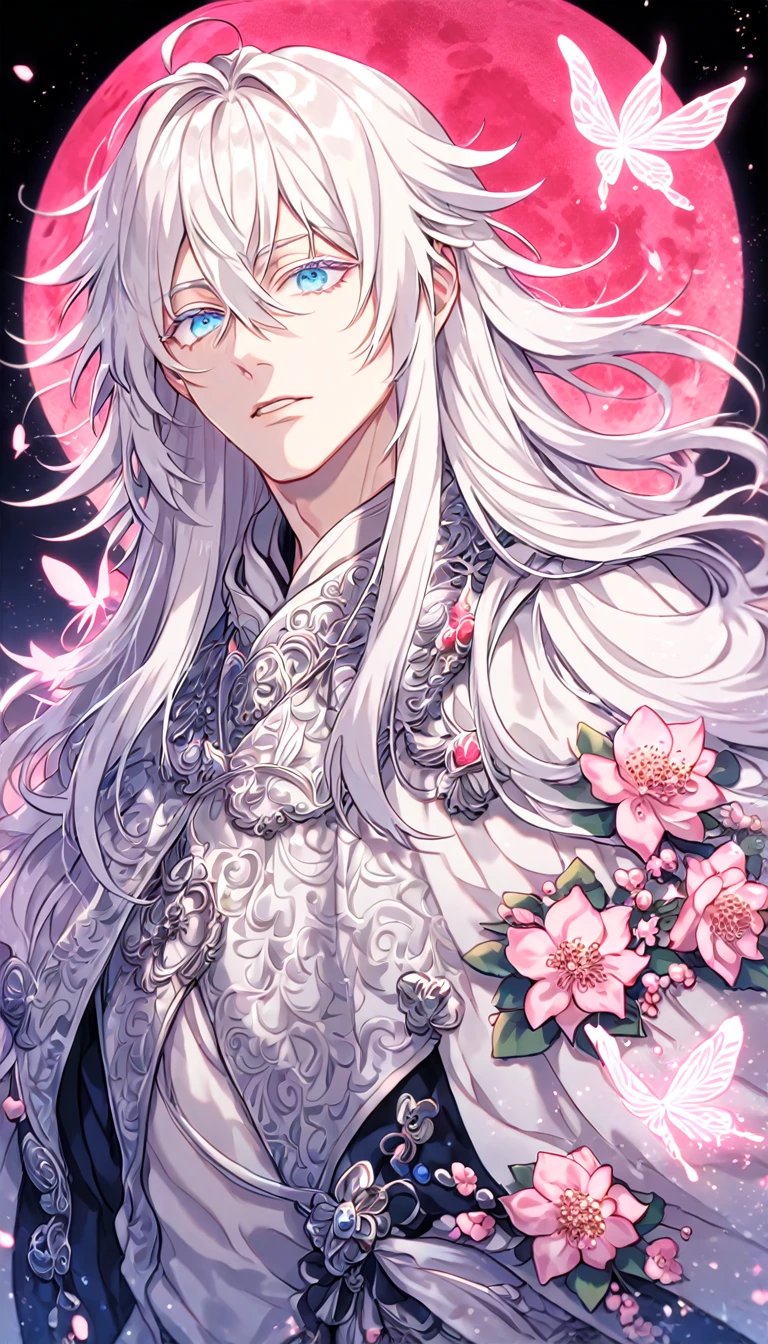 absurdres, highres, ultra detailed, HDR, master piece, best quality, extremely detailed face, delicated features, Gojou Satoru,white hair, long hair, messy hair, hair between the eyes, expressive blue eyes, white eyelashes, Thousand Years War, solo, sexy man, handsome, cape, white robes, accessories, patterns, fantasy, magical, radiant, pink butterflies, pink flowers, night sky, shinning pink moon, blossoms, Jujutsu Kaisen