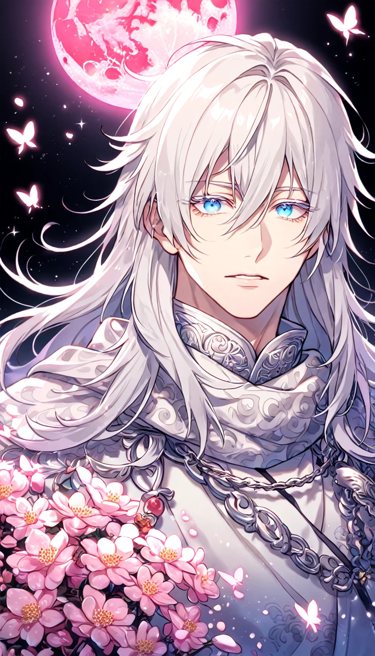 absurdres, highres, ultra detailed, HDR, master piece, best quality, extremely detailed face, delicated features, Gojou Satoru,white hair, long hair, messy hair, hair between the eyes, expressive blue eyes, white eyelashes, Thousand Years War, solo, sexy man, handsome, cape, white robes, accessories, patterns, fantasy, magical, radiant, pink butterflies, pink flowers, night sky, shinning pink moon, blossoms, Jujutsu Kaisen