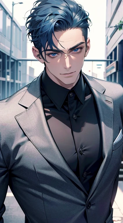 (best quality,4k,8k,highres,masterpiece:1.2),ultra-detailed,(realistic,photorealistic,photo-realistic:1.37),1 man,31 years old,mature man,very handsome,without expression,smile,short blue hair,blue eyes,penetrating gaze,perfect face without errors,imposing posture,businessman,office background,cinematic lighting,hdr image