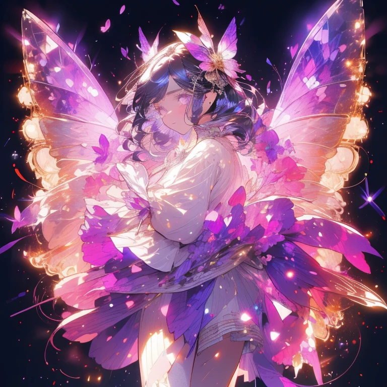 a beautiful (1girl) with colorful butterfly wings, white hair, detailed face, purple eyes,intricate butterfly wings,detailed wing patterns,detailed clothing,colorful butterfly wings,cinematic lighting,golden light particle, best detailed,masterpiece,ultra detailed, best shadow, delicate,action pose, (dynamic angle,detailed background, fantasy), (handsome detailed face), high contrast, (best illumination, an extremely delicate and beautiful), ((cinematic light)), colorful, hyper detail, dramatic light, intricate details, butterfly circle, magic crystals, rainbow, Fantastic fairy, Unique type