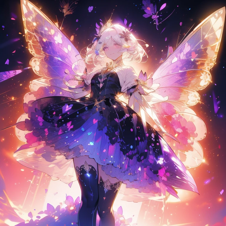 a beautiful (1girl) with colorful butterfly wings, white hair, detailed face, purple eyes,intricate butterfly wings,detailed wing patterns,detailed clothing,colorful butterfly wings,cinematic lighting,golden light particle, best detailed,masterpiece,ultra detailed, best shadow, delicate,action pose, (dynamic angle,detailed background, fantasy), (handsome detailed face), high contrast, (best illumination, an extremely delicate and beautiful), ((cinematic light)), colorful, hyper detail, dramatic light, intricate details, butterfly circle, magic crystals, rainbow, Fantastic fairy, Unique type