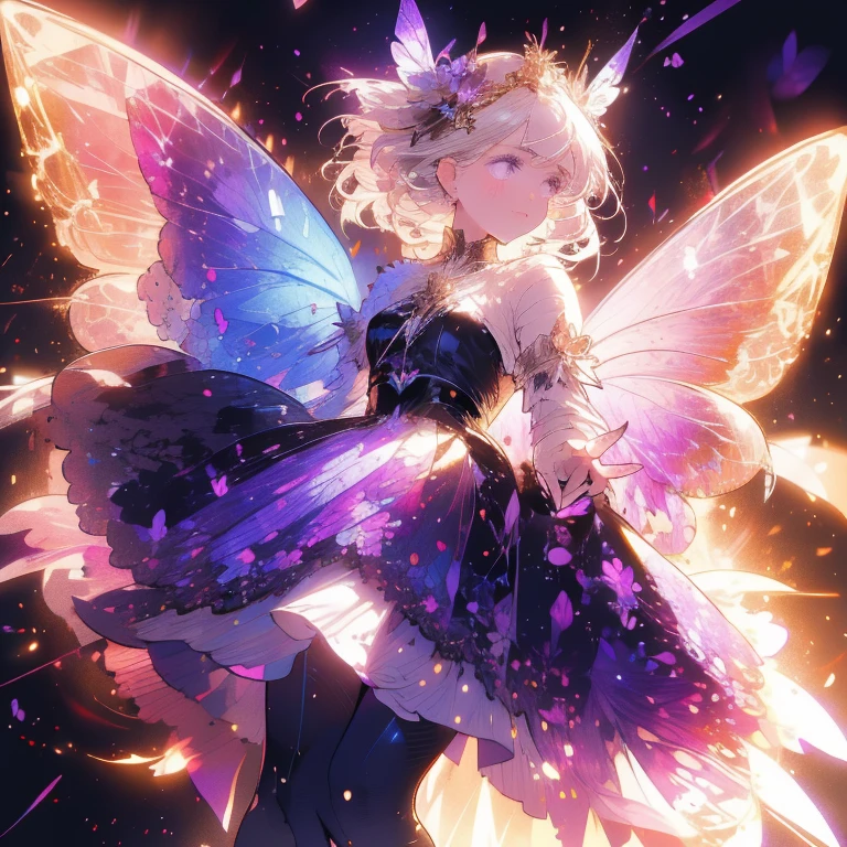 a beautiful (1girl) with colorful butterfly wings, white hair, detailed face, purple eyes,intricate butterfly wings,detailed wing patterns,detailed clothing,colorful butterfly wings,cinematic lighting,golden light particle, best detailed,masterpiece,ultra detailed, best shadow, delicate,action pose, (dynamic angle,detailed background, fantasy), (handsome detailed face), high contrast, (best illumination, an extremely delicate and beautiful), ((cinematic light)), colorful, hyper detail, dramatic light, intricate details, butterfly circle, magic crystals, rainbow, Fantastic fairy, Unique type 