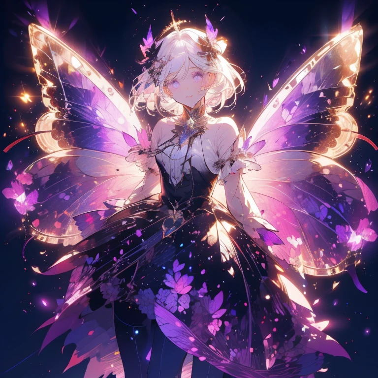 a beautiful (1girl) with colorful butterfly wings, white hair, detailed face, purple eyes,intricate butterfly wings,detailed wing patterns,detailed clothing,colorful butterfly wings,cinematic lighting,golden light particle, best detailed,masterpiece,ultra detailed, best shadow, delicate,action pose, (dynamic angle,detailed background, fantasy), (handsome detailed face), high contrast, (best illumination, an extremely delicate and beautiful), ((cinematic light)), colorful, hyper detail, dramatic light, intricate details, butterfly circle, magic crystals, rainbow, Fantastic fairy, Unique type 