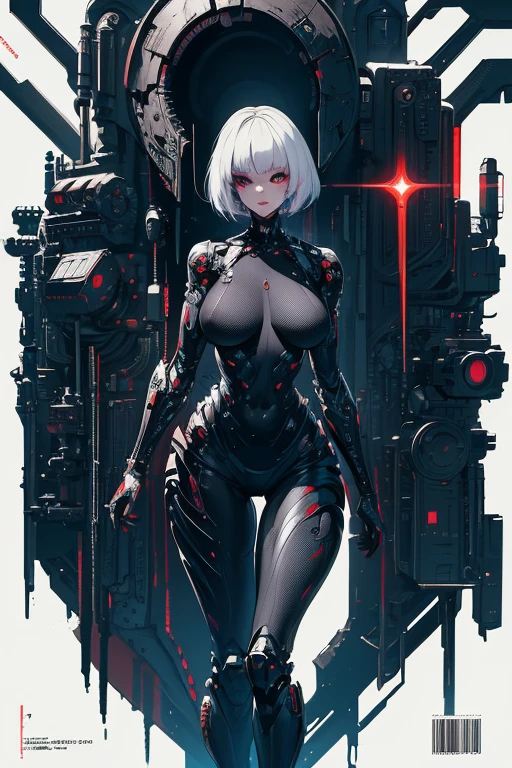 Lovecraftian Lady gaga, sexy cyborg body part, magazine cover, poster art , Lovecraftian creative creatures, hint of vibrant, bold huge text, matted design layout. technological elements, cosmic dread, noise background