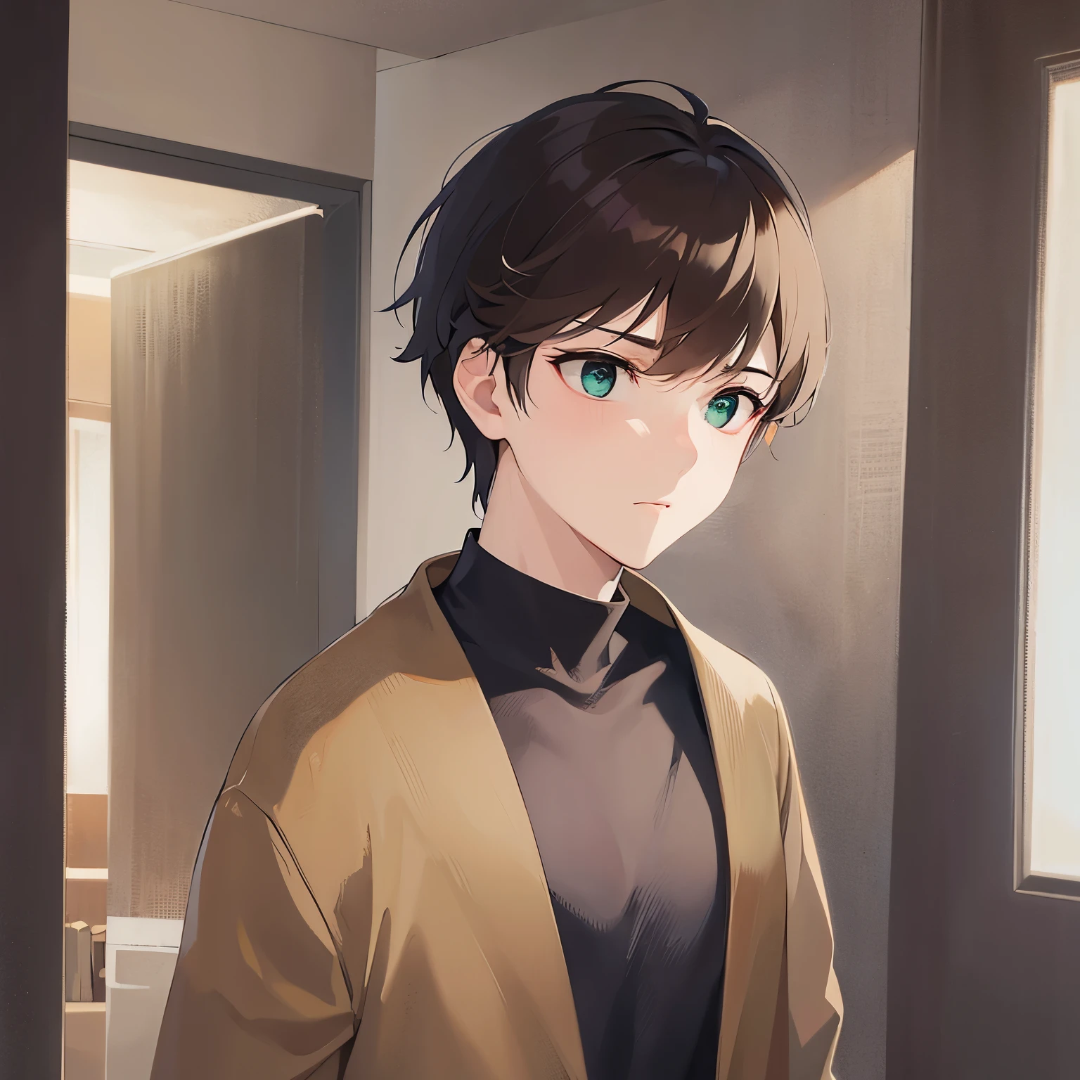 (looking away:1.5)、upper body、
masterpiece、Highest quality、
BREAK (25-year-old male:1.5) and (Mahogany brown short hair) and (Green Eyes)
 BREAK,Black long sleeve shirt、
Serious,Are standing、Background is bedroom at night、(alone:1.5)