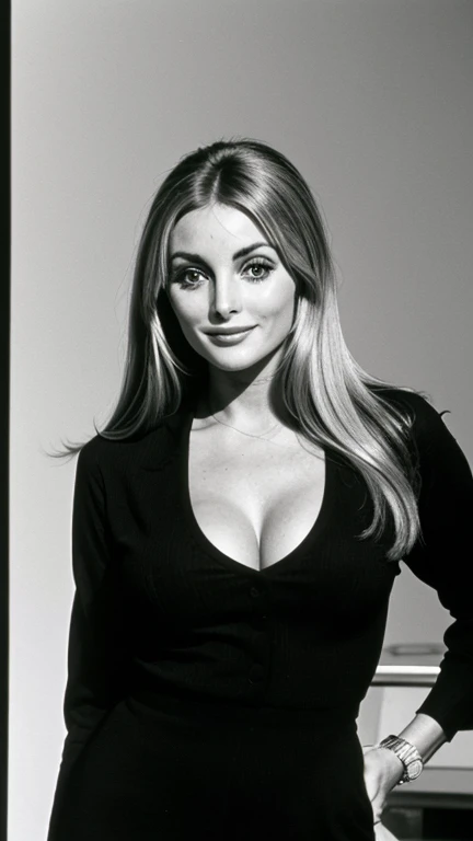 Sharon Tate wearing fashion designer clothes and smiling