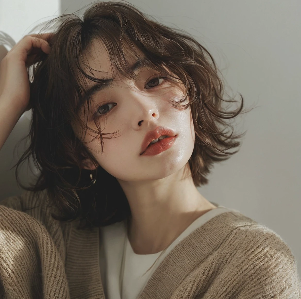 A 25-year-old Japanese woman who looks like a mature model from Inred The background is a white wall illuminated by natural light. The hairstyle is a wavy bob style. Hair color: natural brown with highlights The pose is facing forward with hands on cheeks and head tilted.