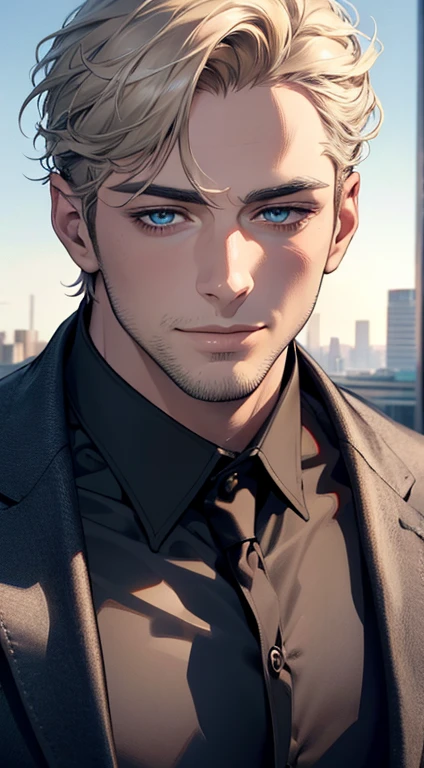 (best quality,4k,8k,highres,masterpiece:1.2),ultra-detailed,(realistic,photorealistic,photo-realistic:1.37),1 man,31 years old,mature man,very handsome,without expression,smile,short grey golden hair,blue eyes,penetrating gaze,perfect face without errors,imposing posture,businessman,office background,cinematic lighting,hdr image