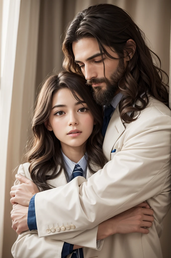 clearing, here is a detailed version:
--- I would like a picture. into the image, Jesus must be present with a soft and welcoming expression. He must be accompanied by a doctor. Hugging the doctor like a friend Specific details about the doctor:
- Curly hair, of medium length.
- Hair color: brown.
- First: curtain.
- Suits: White medical coat.
