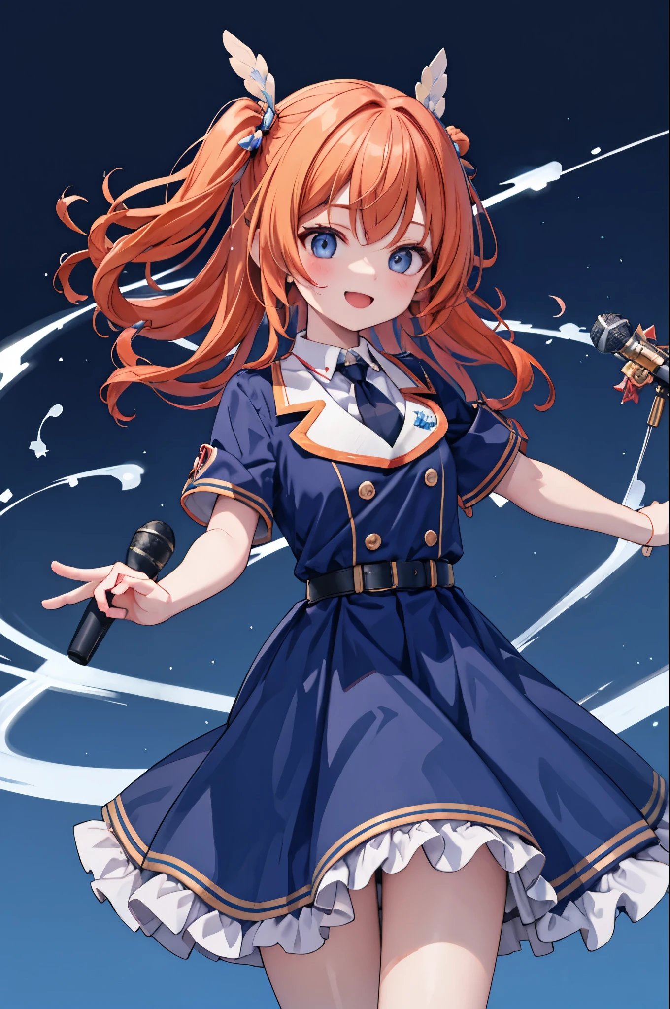 high resolution,smile,woman,woman1人,adult,cute,Holding the microphone with one hand, Orange Hair,BREAK, Light blue eyes,BREAK,Idol Uniform,BREAK,Facing forward,BREAK,Light blue background,