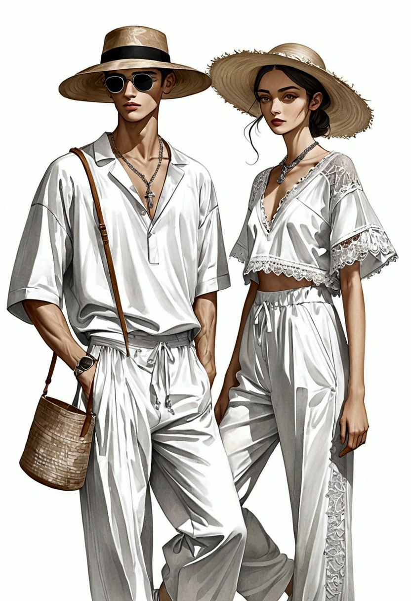 candid fashion illustration of young man and woman, both aged 20 year old, ((showcase fashion in a White cotton outfits)), inspired by Christian Dior's resort collection 2020 in elegant bohemian style. The man wears an oversized short-sleeved white shirt, lace details, paired with relaxed-fit white Drawstring Pants, He completes his look with sneakers, wooden-framed sunglasses, and a woven bamboo bag. The woman complements him in a white cotton outfit with lace details, Her ensemble includes an accessorizes with a wide-brimmed straw hat, white sneakers and necklace. Captured in a ((full-body pose)), ((white background)), realistic charcoal lines, imperfect drawing, charcoal lines, fading sketch, fashion Sketching,