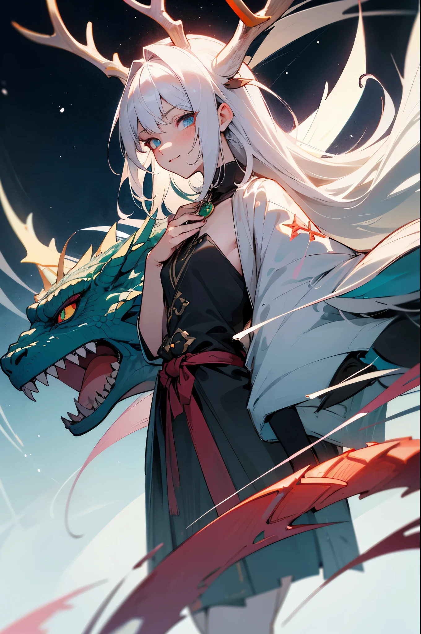 (best qualityer: 1.0), (super high res: 1.0), extremely detailed character, detailed hands, Half-dragon girl, antlers, scales on the neck, scales on shoulders, scales on the forearm, scales on cheek, Girl with dragon tail, dragon tailed, extremely detailed hair, shorth hair, ((White hair)),((black locks)), extremely detailed eyes, eye with different colors, heterochromia, white right eye, black left eye, dragon eyes, 2d, anime art, ((fully body)), standing on her feet, Mediovale, RPG, wicked look, giggling, small, star eye, starry eye