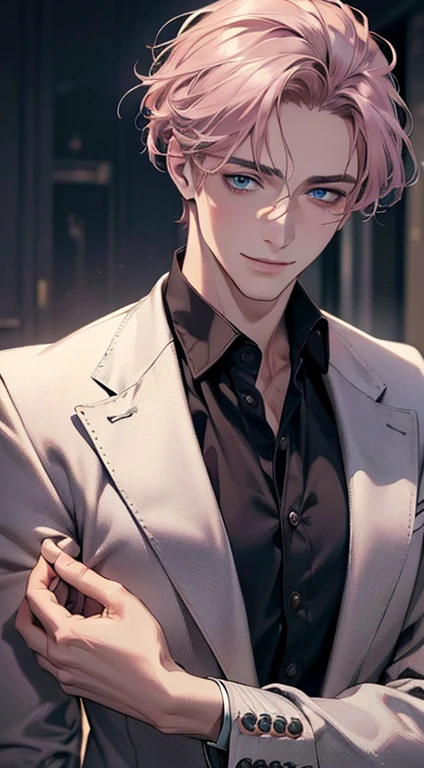 (best quality,4k,8k,highres,masterpiece:1.2),ultra-detailed,(realistic,photorealistic,photo-realistic:1.37),cinematic lighting,1:4 hdr image,a mature man, 29 years old,very handsome,cold expression smile in love, short grey pink hair,blue eyes,flawless face,buttoning his jacket,CEO