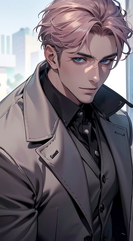 (best quality,4k,8k,highres,masterpiece:1.2),ultra-detailed,(realistic,photorealistic,photo-realistic:1.37),cinematic lighting,1:4 hdr image,a mature man, 29 years old,very handsome,cold expression smile in love, short grey pink hair,blue eyes,flawless face,buttoning his jacket,CEO