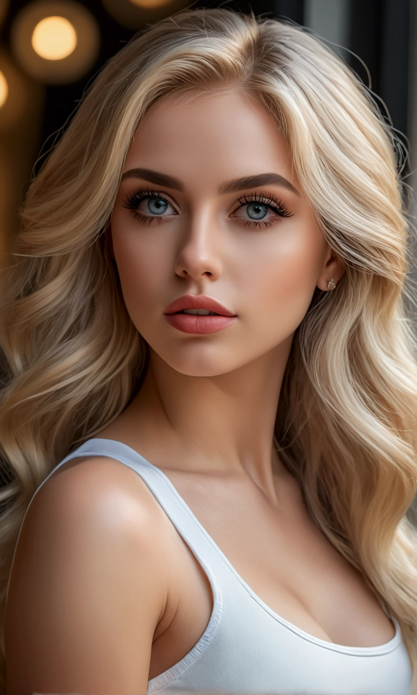 a gorgeous blonde woman in a white crop top and black pants, beautiful detailed eyes, beautiful detailed lips, extremely detailed eyes and face, long eyelashes, posing for a picture, photo inspired by Károly Lotz, trending on pexels, realism, beautiful blonde girl, sexy girl with long blonde hair, wearing a sexy cropped top, perfect white haired girl, blonde goddess, (best quality,4k,8k,highres,masterpiece:1.2),ultra-detailed,(realistic,photorealistic,photo-realistic:1.37),HDR,UHD,studio lighting,ultra-fine painting,sharp focus,physically-based rendering,extreme detail description,professional,vivid colors,bokeh,portraits