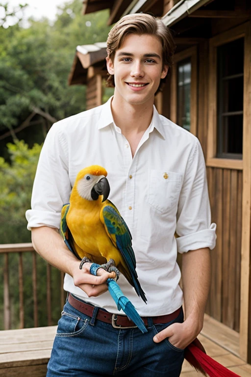 Cute young white handsome man with a parrot and a humble house