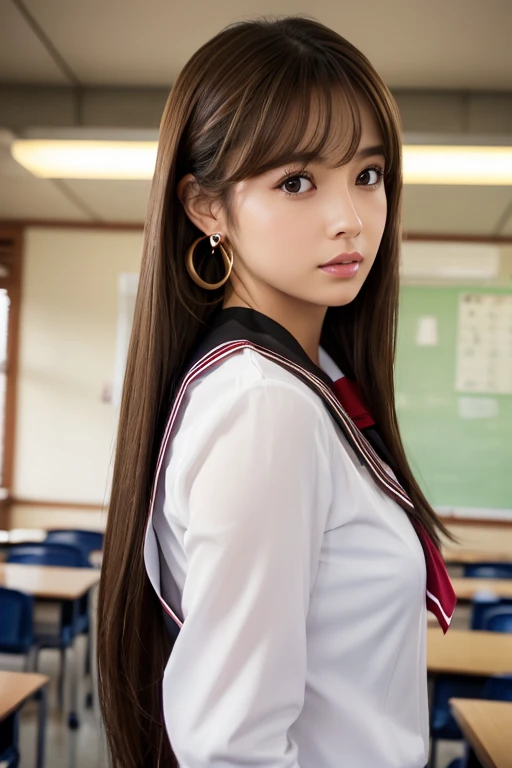 1girl, solo, long_hair, looking_at_viewer, brown_hair, photoshop_(medium), original, brown_eyes, school_uniform, jewelry, upper_body, earrings, serafuku, indoors, black_eyes, blurry, lips, from_side, neckerchief, blurry_background, realistic, photo_(medium), classroom
