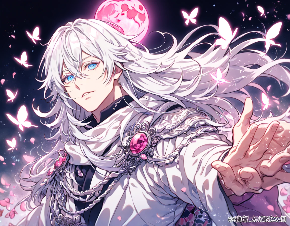 absurdres, highres, ultra detailed, HDR, master piece, best quality, extremely detailed face, delicated features, Gojou Satoru,white hair, long hair, messy hair, hair between the eyes, expressive blue eyes, white eyelashes, Thousand Years War, solo, sexy man, handsome, cape, white robes, accessories, patterns, fantasy, magical, radiant, pink butterflies, pink flowers, night sky, shinning pink moon, blossoms, Jujutsu Kaisen