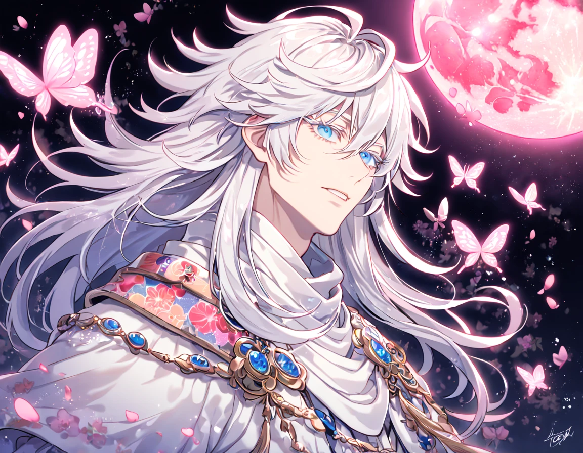 absurdres, highres, ultra detailed, HDR, master piece, best quality, extremely detailed face, delicated features, Gojou Satoru,white hair, long hair, messy hair, hair between the eyes, expressive blue eyes, white eyelashes, Thousand Years War, solo, sexy man, handsome, cape, white robes, accessories, patterns, fantasy, magical, radiant, pink butterflies, pink flowers, night sky, shinning pink moon, blossoms, Jujutsu Kaisen