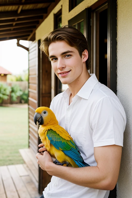 Cute young white handsome man with a parrot and a humble house