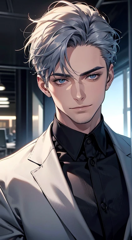 (best quality,4k,8k,highres,masterpiece:1.2),ultra-detailed,(realistic,photorealistic,photo-realistic:1.37),1 man,31 years old,mature man,very handsome,without expression,smile,short grey blue hair,blue eyes,penetrating gaze,perfect face without errors,imposing posture,businessman,office background,cinematic lighting,hdr image