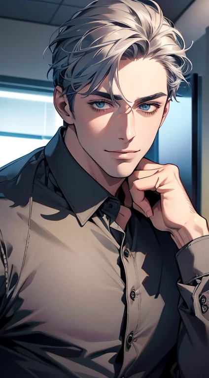 (best quality,4k,8k,highres,masterpiece:1.2),ultra-detailed,(realistic,photorealistic,photo-realistic:1.37),1 man,31 years old,mature man,very handsome,without expression,smile,short grey blue hair,blue eyes,penetrating gaze,perfect face without errors,imposing posture,businessman,office background,cinematic lighting,hdr image