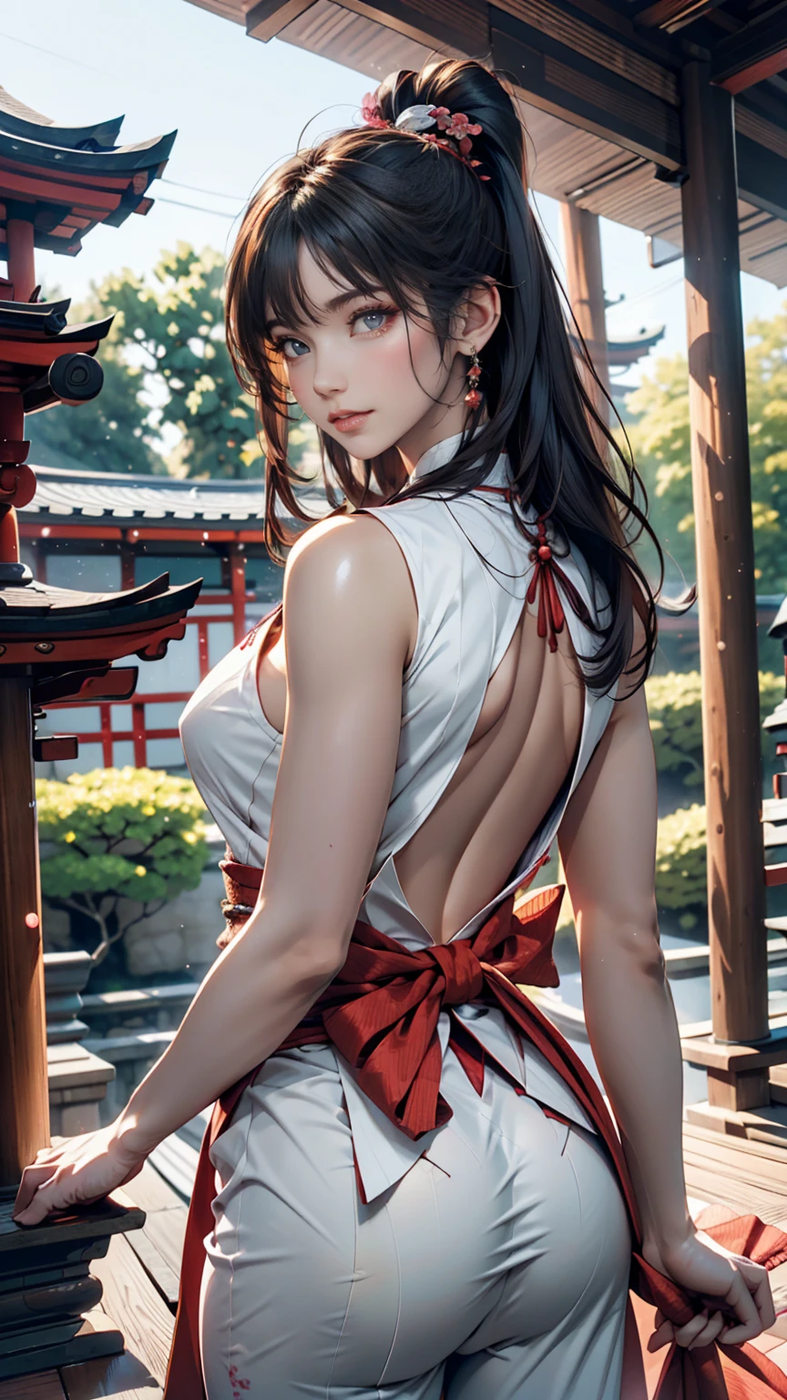 score_9,score_8_up,score_7_up,high res image,masterpiece,best quality,realistic,Mai Shiranui,(plump:1.7),(black pupil:1.2),(brown black hair:1.3),(High ponytail:1.3),(revealing japanese clothes, pelvic curtain:1.5),(horseback_riding:1.4),(building_ruins:1.3),((black_shorts:1.3)),(;d:1.4),(((close one eye:1.4))),(uvula:1.3),