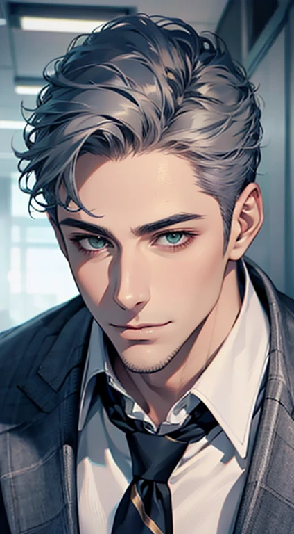 (Highest quality,4K,8K,High resolution,masterpiece:1.2),Super detailed,(Realistic,photoRealistic,photo-Realistic:1.37),1 person,31 years old,Mature Men,Beautiful skin、very handsome,Expressionless smile in love,Short gray blue hair,green eyes,Sharp Eyes,A perfect face without a doubt,Businessman,Office Background,Cinema Lighting,HDR image,tie、