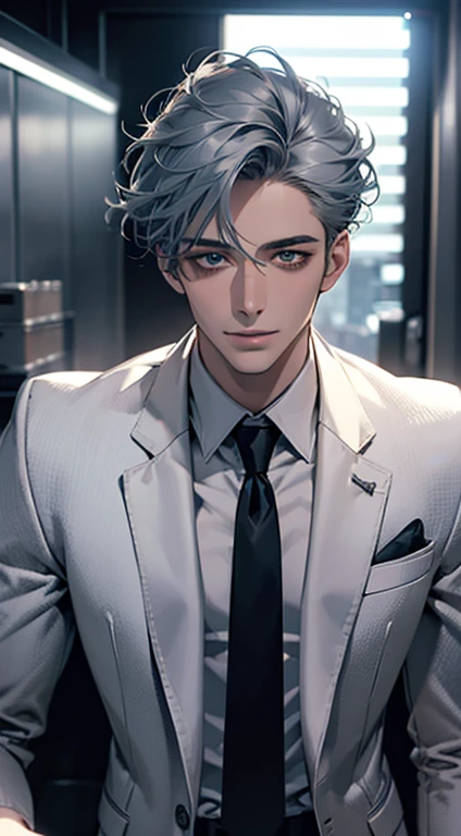 (Highest quality,4K,8K,High resolution,masterpiece:1.2),Super detailed,(Realistic,photoRealistic,photo-Realistic:1.37),1 person,31 years old,Mature Men,Beautiful skin、very handsome,Expressionless smile in love,Short gray blue hair,green eyes,Sharp Eyes,A perfect face without a doubt,Businessman,Office Background,Cinema Lighting,HDR image,tie、