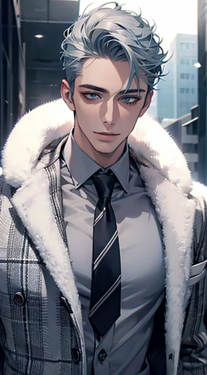 (Highest quality,4K,8K,High resolution,masterpiece:1.2),Super detailed,(Realistic,photoRealistic,photo-Realistic:1.37),1 person,31 years old,Mature Men,Beautiful skin、very handsome,Expressionless smile in love,Short gray blue hair,green eyes,Sharp Eyes,A perfect face without a doubt,Businessman,Office Background,Cinema Lighting,HDR image,tie、