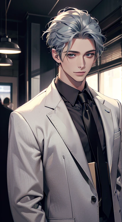 (Highest quality,4K,8K,High resolution,masterpiece:1.2),Super detailed,(Realistic,photoRealistic,photo-Realistic:1.37),1 person,31 years old,Mature Men,Beautiful skin、very handsome,Expressionless smile in love,Short gray blue hair,green eyes,Sharp Eyes,A perfect face without a doubt,Businessman,Office Background,Cinema Lighting,HDR image,tie、