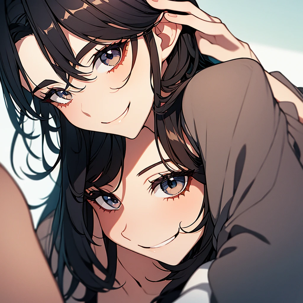 girl with doe eyes and black hair smirking
