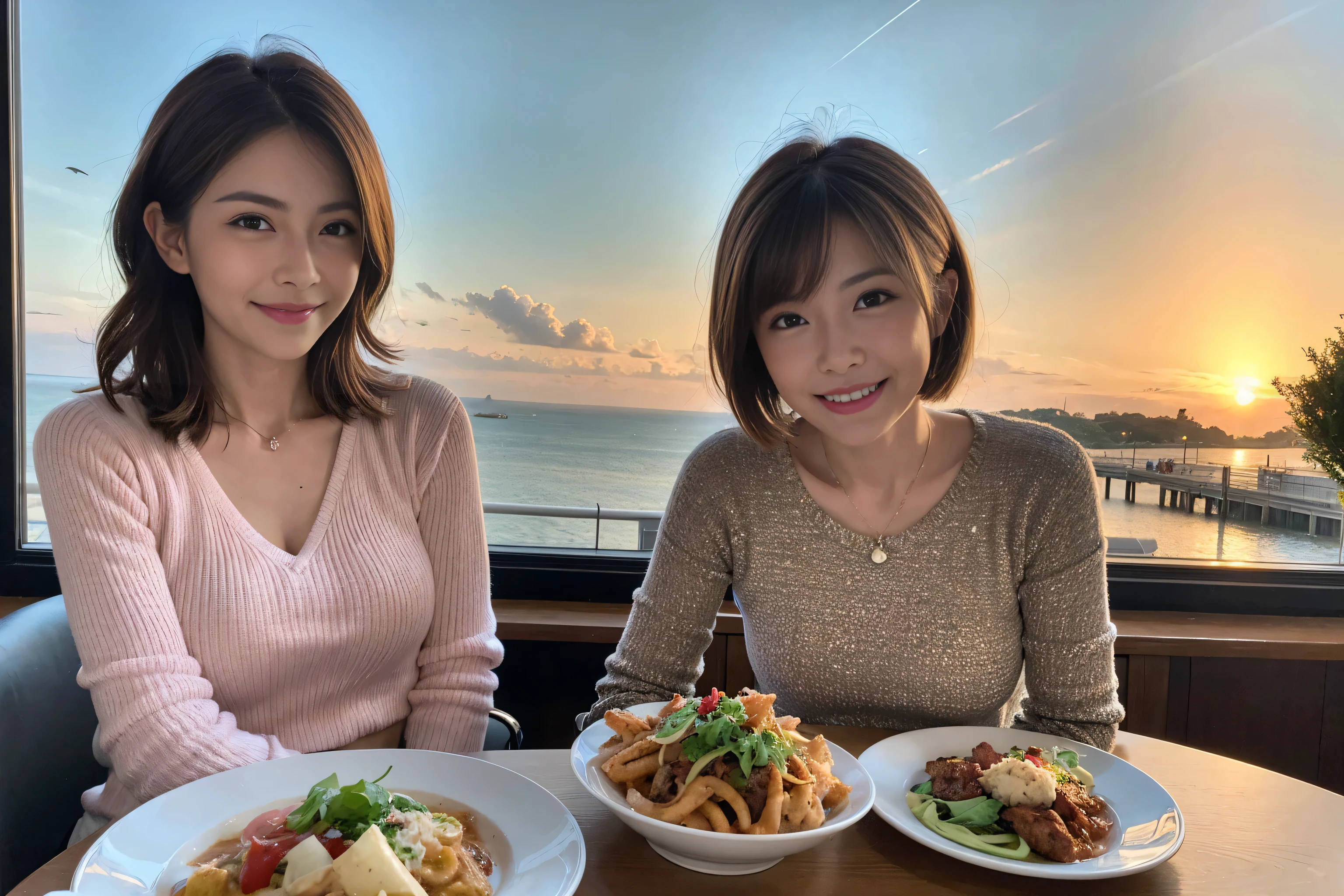(Realistic:1.1),(masterpiece,Highest quality),8k,(49 years old), 50 years old, ベリーslimボディ、slimカップル、Tight waist,Upper Body,full-course dinner、wine 、Amazing view of the sunset sky and clouds、Perfect Anatomy, Brown Hair, short hair,Random Hairstyles,((Highly detailed face and eyes:1.2)),Perfect golden ratio face,Long sleeve shirt、dress,(smile:1.2)、Shortcuts、cute、(Realistic, Intricate details:1.2), A bright smile、short hair,Bright Face、赤wine 、Appetizers、Italian food、wine bottle、Champagne、スパークリングwine、(slimな顔), (The body is slim), (Brown Hair), (Shortcuts), Upper Body, 白wine, slim, wineグラス,