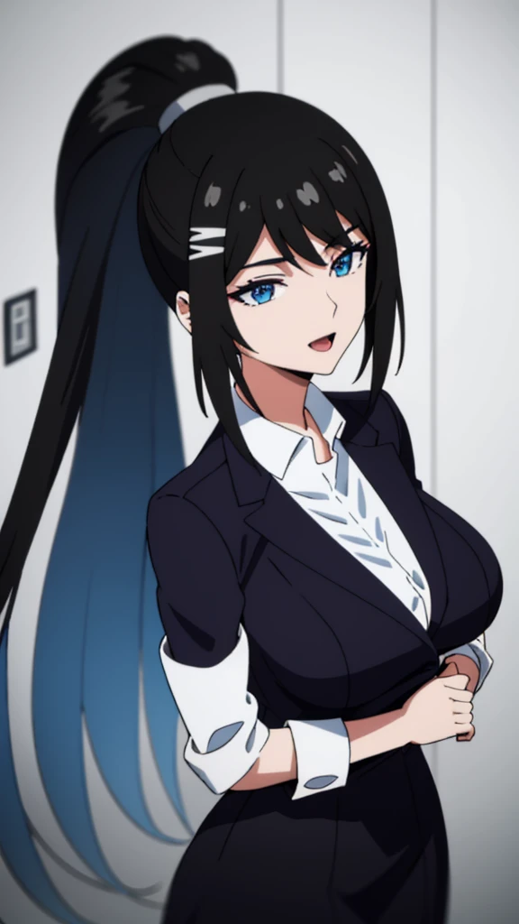 (masterpiece), (best quality), (ultra-detailed), ((girl, 29 years old)), an extremely delicate and beautiful, detailed eyes, minute details, (black hair, long hair, straight hair, hair between eyes), ((big breasts)), smile, open mouth, ((beautiful eyes)), (blue eyes), (upper body), she is wearing a blue dress, (detailed clothes), (detailed background, in a hospital, hospital hallway), (monochrome)