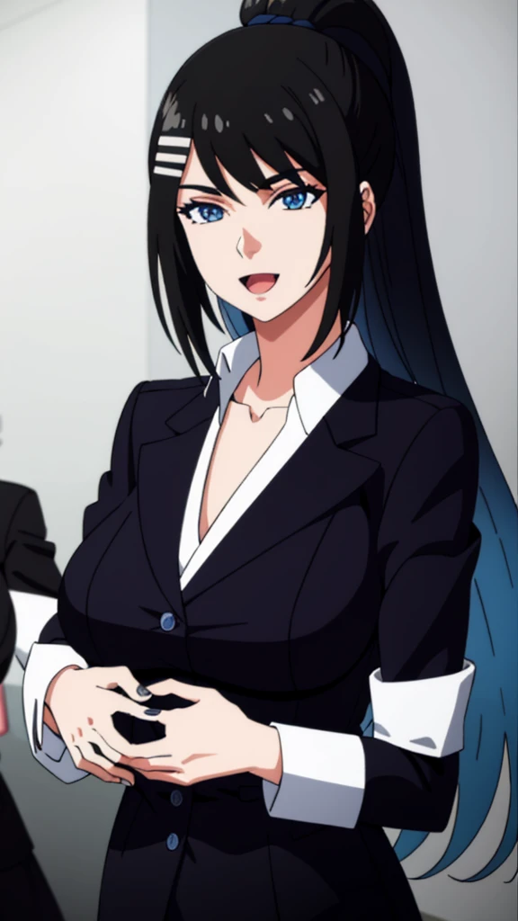 (masterpiece), (best quality), (ultra-detailed), ((girl, 29 years old)), an extremely delicate and beautiful, detailed eyes, minute details, (black hair, long hair, straight hair, hair between eyes), ((big breasts)), smile, open mouth, ((beautiful eyes)), (blue eyes), (upper body), she is wearing a blue dress, (detailed clothes), (detailed background, in a hospital, hospital hallway), (monochrome)