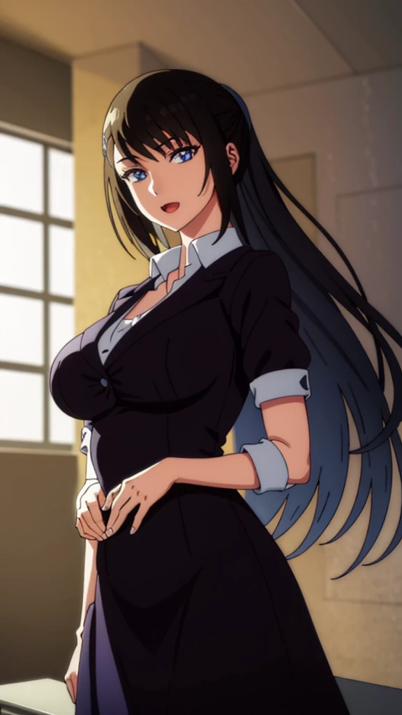 (masterpiece), (best quality), (ultra-detailed), ((girl, 29 years old)), an extremely delicate and beautiful, detailed eyes, minute details, (black hair, long hair, straight hair, hair between eyes), ((big breasts)), smile, open mouth, ((beautiful eyes)), (blue eyes), (upper body), she is wearing a blue dress, (detailed clothes), (detailed background, in a hospital, hospital hallway), (monochrome)