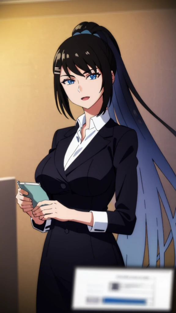 (masterpiece), (best quality), (ultra-detailed), ((girl, 29 years old)), an extremely delicate and beautiful, detailed eyes, minute details, (black hair, long hair, straight hair, hair between eyes), ((big breasts)), smile, open mouth, ((beautiful eyes)), (blue eyes), (upper body), she is wearing a blue dress, (detailed clothes), (detailed background, in a hospital, hospital hallway), (monochrome)