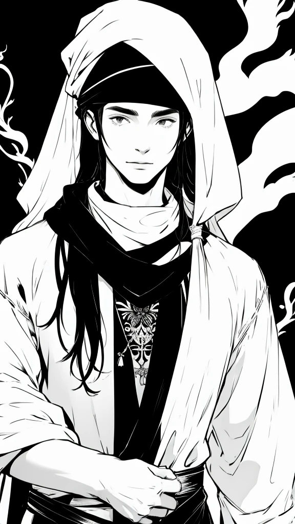 Black and White、A man wearing a white bandana on his head、Man in white scarf、Man in white fantasy costume、Monochrome of a black long-haired man、