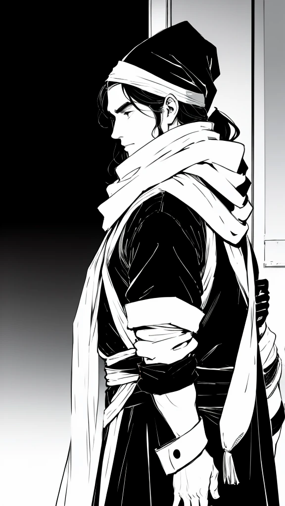 Black and White、A man wearing a white bandana on his head、Man in white scarf、Man in white fantasy costume、Monochrome of a black long-haired man、