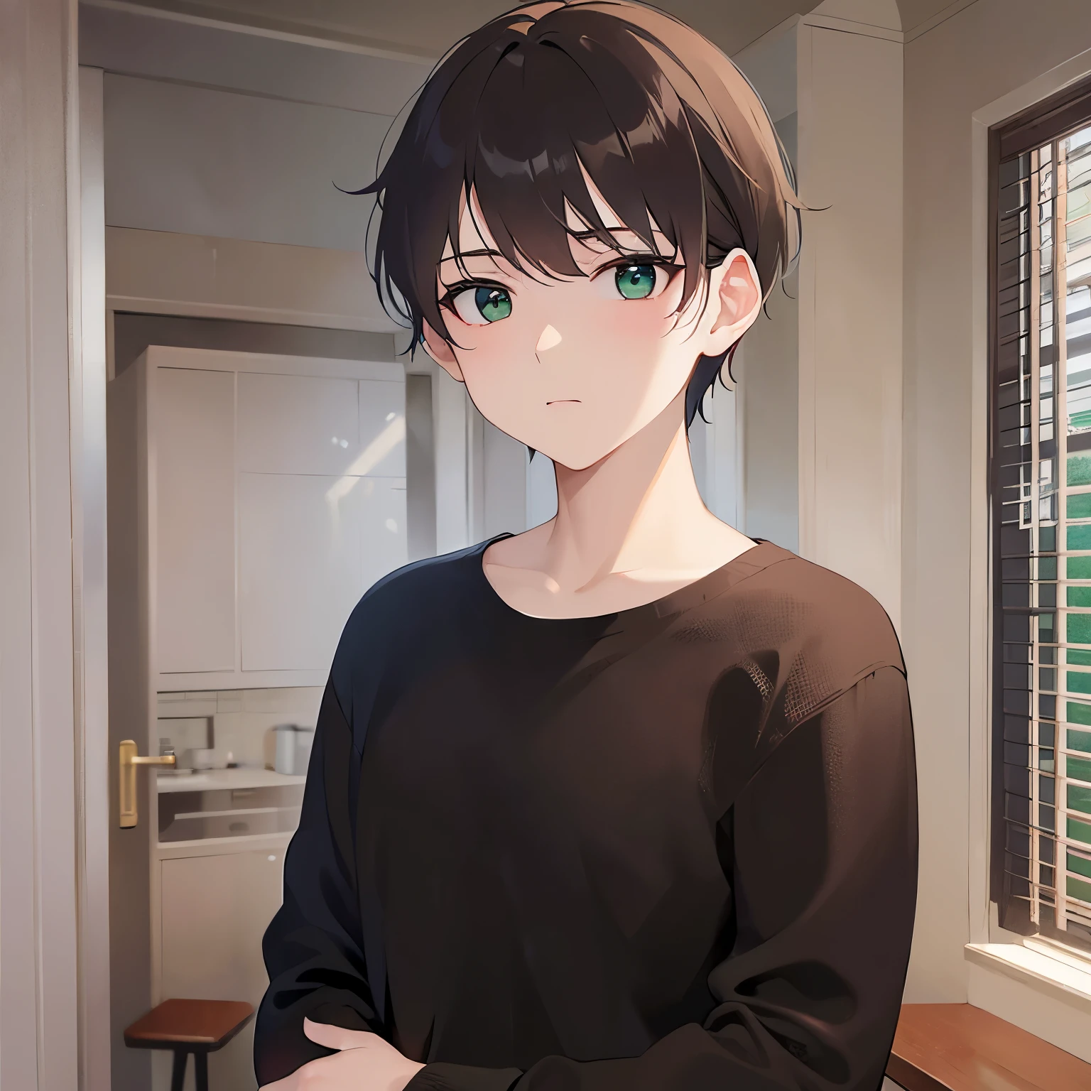 (looking away:1.5)、upper body、
masterpiece、Highest quality、
BREAK (25-year-old male:1.5) and (Mahogany brown short hair) and (Green Eyes)
BREAK,Black long sleeve shirt、
Serious,Are standing、Background is bedroom at night、(alone:1.5)