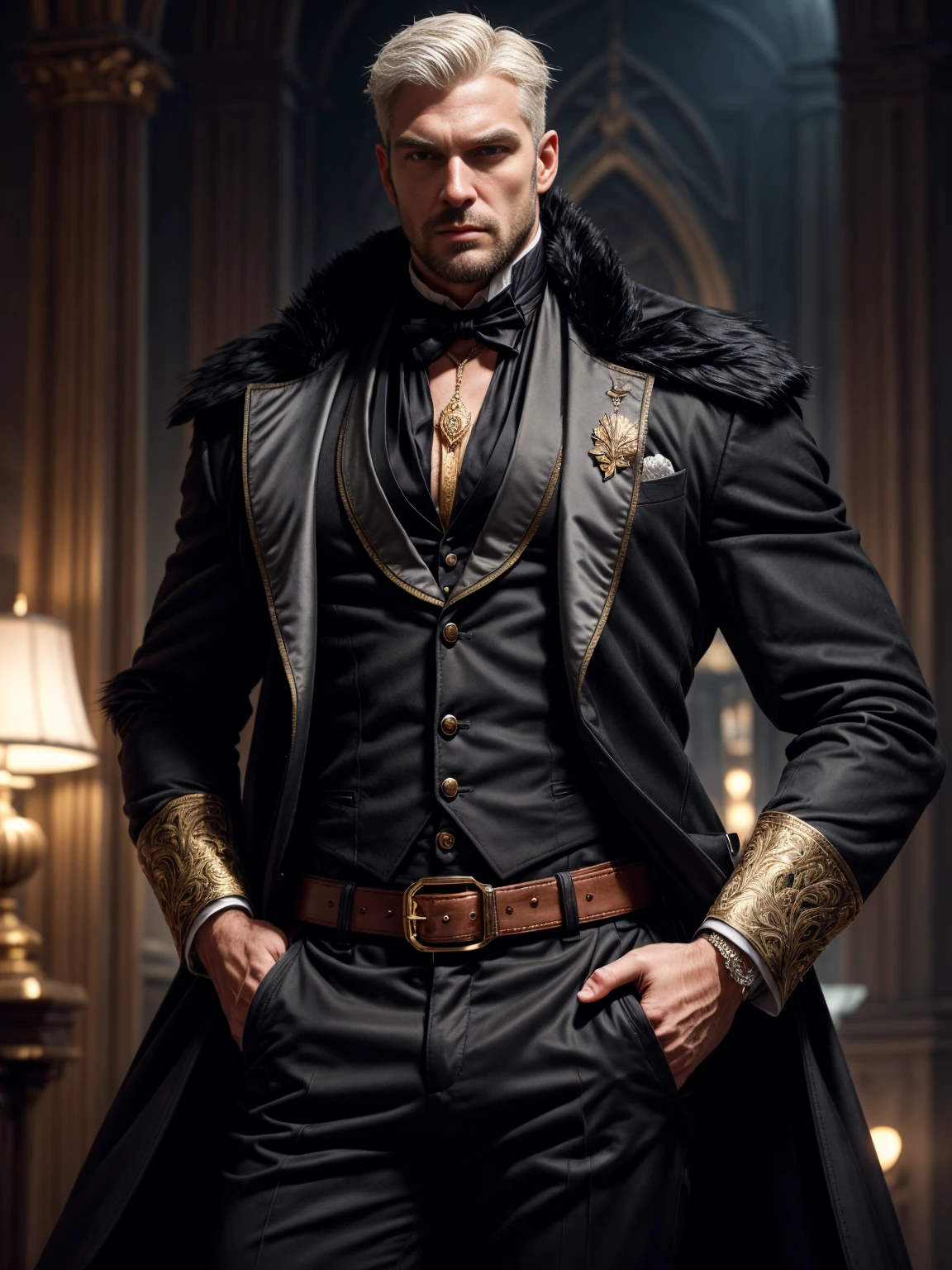 The image and related scenes of the vampire noble duke in the Victorian era. As far as the main content is concerned, the temperaMent of the Vampire Duke is elegant, elegant, mature man, open shirt! Short hair, strong and delicate facial lines, wearing gorgeous and exquisite aristocratic clothes. Use side light or backlight to emphasize the details of muscles and equipMent. The color matching is mainly black, gold and red. Put on gorgeous and exquisite vampire noble costumes. Men's focus, outdoor, vampire, bat wings, short hair, shirt, shut up, Men's focus, belt, trousers, facial hair, abdominal muscles, chest, muscles, cuffs, mature Men, beard, Men, cuffs, belt, chest hair, system clothes, chest strap, chest strap, more details, white hair, thick beard Zi, thick chest hair, it shows the majestic power of the Vampire Duke and the elegance of the times, highlighting the gorgeous clothing and decoration. The color matching is mainly black, tall, Slender, slim figure (a clearly defined waist), with furry big breasts, white/grey hair and furry body.

（Maximum resolution，Distinct_image）best quality，（（two men）），mutual support，masterpiece，high detail，Semi-realistic，short black hair，black hair，Bangs，Mature，young，tall and strong，The right hand of the body is wearing a black coat，Strict and serious，Tall and handsome，Majestic and mighty，Exquisite facial features，（（film grain，blur background，Light Particles，dust，extreme shooting angle））