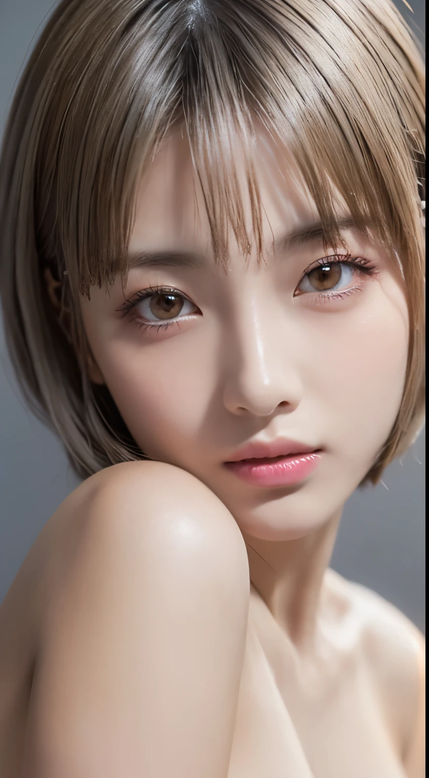 ((Close-up of face:1.6))、((Apply beautiful makeup:1.6))、((Naked Girls:1.6))、((No underwear:1.6))、Natural Shading、((Moist eyes:1.3))、(K-Pop Idols)、Calm and goddess-like happiness、Look at the viewer with your whole body、((Slightly parted lips:1.3))、Natural Shading、((((Beautiful bob-cut gray hair))))、((Blonde Japanese Woman)))、(Short bob blonde:1.5)、masterpiece, Highest quality, 8k, Absurd, (Upper body:1.4), Beautiful girls, Beautiful face, Looking at the audience, Laughter, Surreal, High resolution, picture, Film Grain, chromatic aberration, Sharp focus, High resolution, フェイスLight, Dynamic Lighting, Light, Professional Shadow, Simple Background, (Dull grey background:1.4), Highest detail, Very detailed, Ultra-detailed, In detail, Real Skin, Delicate facial features, Detailed face and eyes, Sharp pupils、live action idol