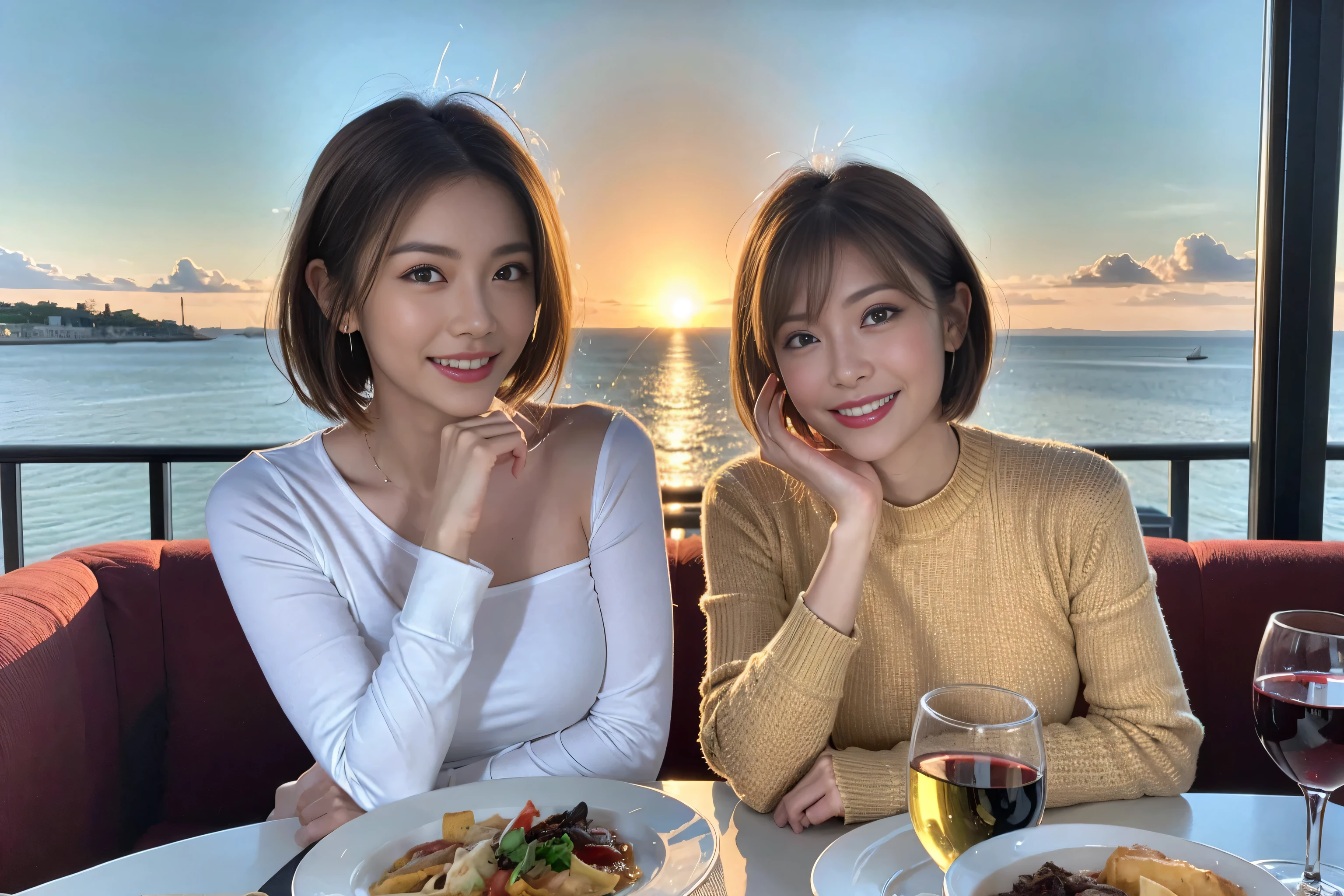 (Realistic:1.1),(masterpiece,Highest quality),8k,(49 years old), 53 years old, ベリーslimボディ、slimカップル、Tight waist,Upper Body,full-course dinner、wine 、Amazing view of the sunset sky and clouds、Perfect Anatomy, Brown Hair, short hair,Random Hairstyles,((Highly detailed face and eyes:1.2)),Perfect golden ratio face,Long sleeve shirt、dress,(smile:1.2)、Shortcuts、cute、(Realistic, Intricate details:1.2), A bright smile、short hair,Bright Face、赤wine 、Appetizers、Italian food、wine bottle、Champagne、スパークリングwine、(slimな顔), (The body is slim), (Brown Hair), (Shortcuts), Upper Body, 白wine, slim, wineグラス,
