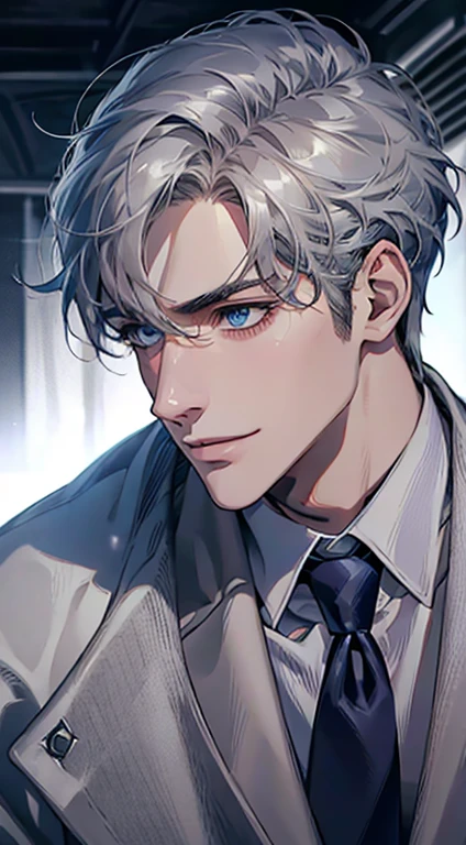 (Highest quality,4K,8K,High resolution,masterpiece:1.2),Super detailed,(Realistic,photoRealistic,photo-Realistic:1.37),1 person,31 years old,Mature Men,Beautiful skin、Profile、very handsome,Expressionless,smile,Short silver hair,blue eyes,Sharp Eyes,A perfect face without a doubt,Businessman,Office Background,Cinema Lighting,HDR image,tie、