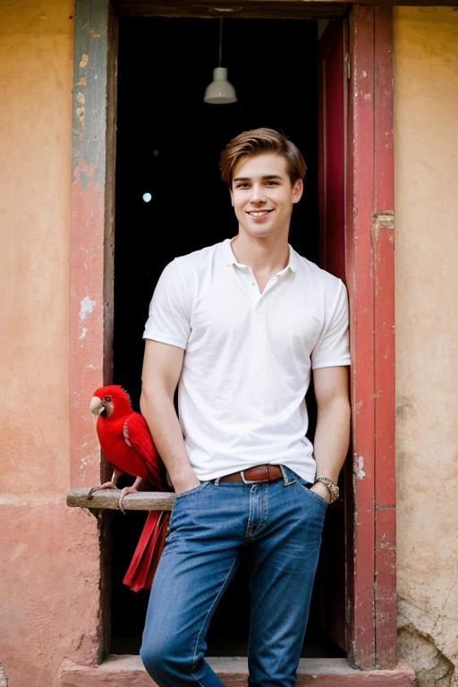 Cute young handsome white man with a red parrot and a humble house behind him