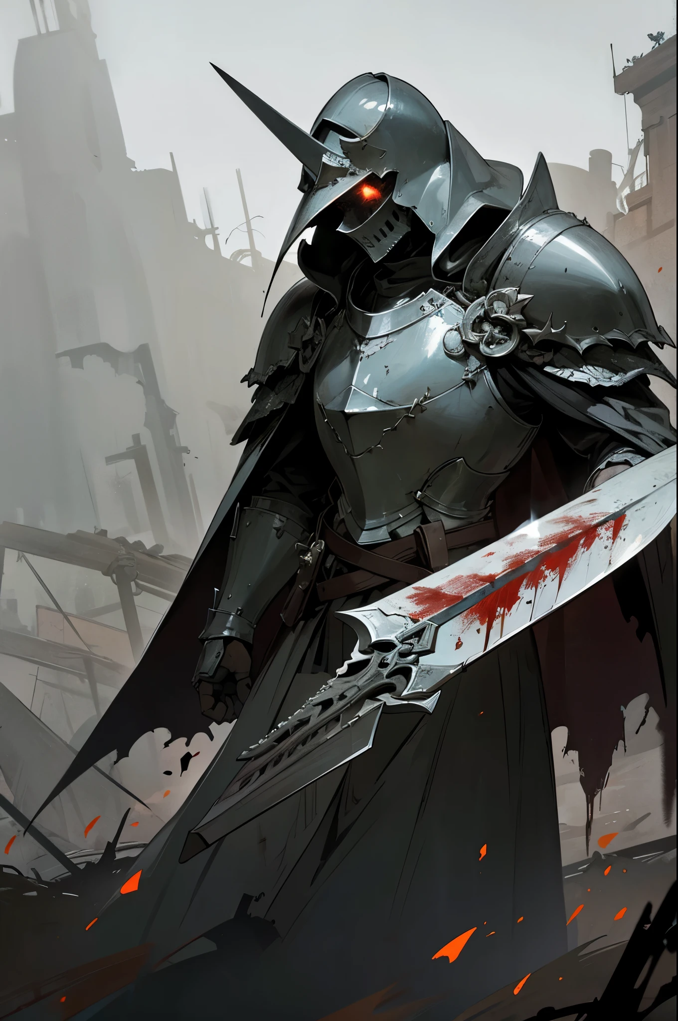 fallen knight,embers,dark and eerie atmosphere,dramatic lighting,cracked armor,shattered sword,intricate details,heavy cape,lost battle,fading glory,haunting shadows,misty backdrop,sorrowful expression,majestic helmet,broken shield, figure,smoke rising,doomed fate,gloomy ruins,majestic composition,warrior's honor,desolation,dying fire,ominous presence,ashes and smoke,blood-stained ground,worn-out armor,determination,stoic face,symbol of courage,end of an era,devastated battlefield，[subdued color palette],[muted tones],[haunting atmosphere:0.9]