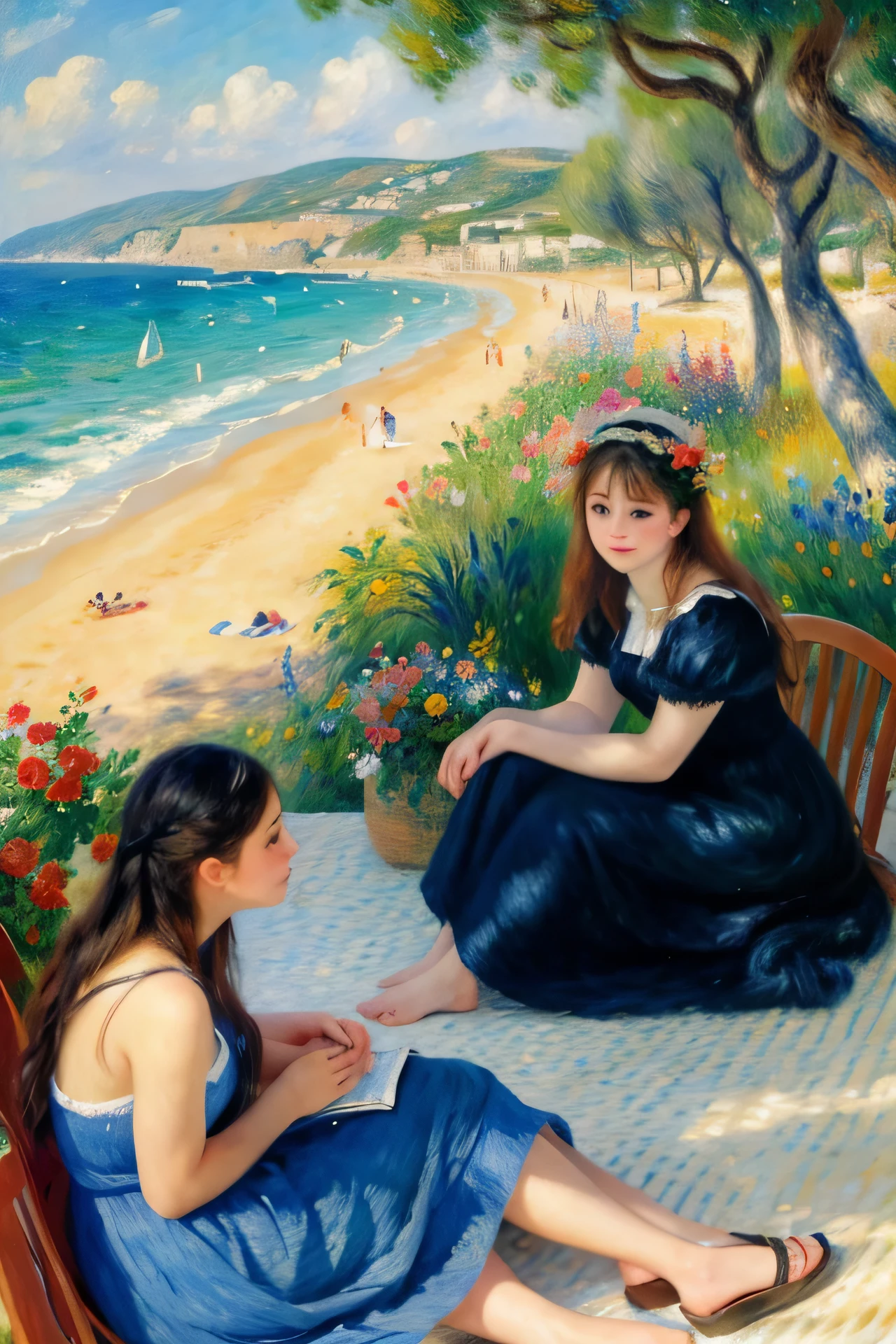 This painting is inspired by the style of Pierre-Auguste Renoir and depicts the Mediterranean coast of southern France. With a hint of oil painting. The painting portrays a sunny beach with tranquil waves, azure skies and the distinctive Mediterranean flora of olive trees and cork oaks. People are taking pleasure in a relaxed day, and women and girls in light, flowing dresses are playing and unwinding on the beach. The bright, tranquil atmosphere characteristic of Renoir's work is conveyed in soft brushstrokes and vibrant colours, reflecting the intense light and rich nature of the Mediterranean Sea.